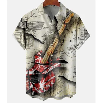 2023 VYRIŠKI Marškiniai Retro Gitara Spausdinti Havajų Marškinėliai Vyras Atsitiktinis Mados Trumpas Rankovės Streetwear Marškinėliai Vyrams Viršūnes Negabaritinių Marškinėliai