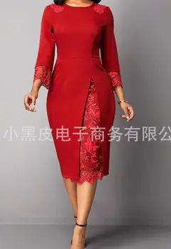 Moterų Suknelė 2023New Apvalios Kaklo Nėrinių Susiuvimo Slim Jungiamas Vienas Žingsnis Sijonas Elegantiškas ilgomis Rankovėmis Oficialų Suknelė