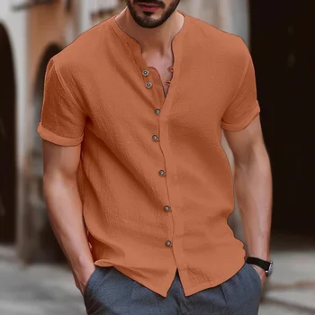 Vasaros Amerikos prarasti gražus marškinėliai vyriški Retro stiliaus atsitiktinis medvilnės, lino marškinių iškirptę be apykaklės apykaklę, trumpas rankovės viršų