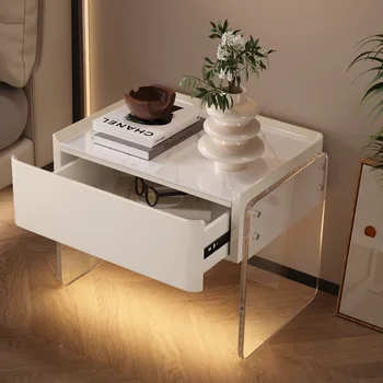 Šiuolaikinės paprastas uolienų plokščių, medžio masyvo spintelė naktiniai kabineto kampe lentelė minimalistinis miegamasis odos Šiaurės lovos spintelė