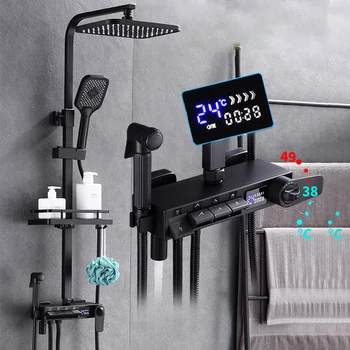 Žalvario, skaitmeninis displėjus, termostatiniai dušo maišytuvas modernus dušas, vonios kambarys Termostatiniai sienos montuojamas dušo sistemos