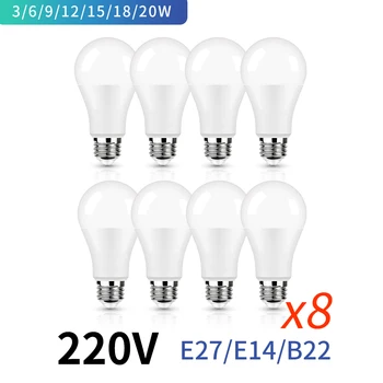 8Pcs/Daug Ampulä-LED Lemputė E27 E14 3W 5W 9W 7W 12W 15W 18W Smart IC LED lempos, Šviesa Šalta balta Balta Lampada Bombilla Lempos