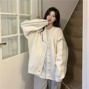 Balta Spalva Korėjos Stiliaus Y2k Korėjos Mados Mujer Džemperis Cardigan Moteris Rudens-Žiemos Vidutinio Ilgio Megztinis Palaidinė