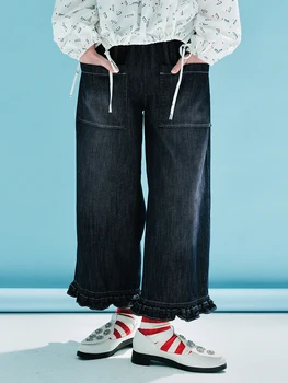 Imakokoni originalus dizainas pavasarį naują elastinga juosmens džinsai grynos medvilnės pynimas atsitiktinis tiesūs palaidi kelnės moterims dėvėti 233984