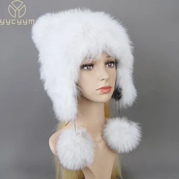 Karšto Pardavimo Prabangos Ponios, Žiemą Šilta Nekilnojamojo Lapės Kailio Kepurę ranka mezgimas moterims, natūralaus lapės kailio beanie skrybėlių originali fox fur bombonešis skrybėlę