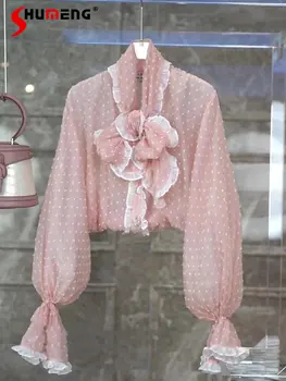 Moteriški Drabužiai 2023 Ankstyvą Pavasarį Aukštos kokybės prancūzų Stiliaus Mažų Palaidinė Pink Vidinis Nešioti ilgomis Rankovėmis Polka Dot Marškinėliai, Ponios Viršų