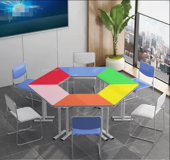 Studentų spalvų trapecinio profilio sujungimas derinys šešių pusėje stalo psichologinio konsultavimo, mokymo įstaiga grupės veikla kambarys