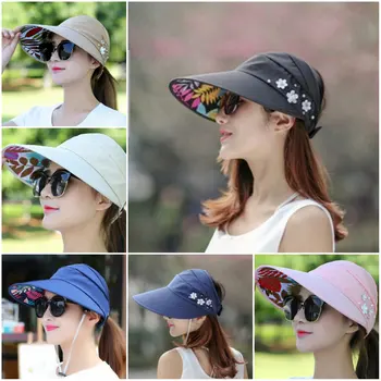 1pc mados platus kraštų paplūdimio skrybėlę UV apsauga moterims Saulės, Kepuraitės moteriškos kepurės vasarą pearl packable saulės skydelis skrybėlę su didelių galvų