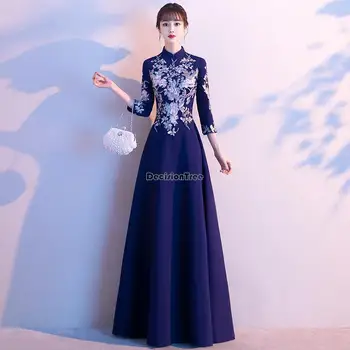 2023 cheongsam šalis suknelė moteriška nauja patobulinta kinų stiliaus ilgomis rankovėmis stovėti apykaklės, elegantiškas ilgas kinų stiliaus qipao suknelė s24
