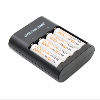 4PCS Didelės galios 1,5 v 3000mWh AA įkraunamas ličio bateriją, mikrofono ličio baterija +4 USB lizdas smart įkroviklis
