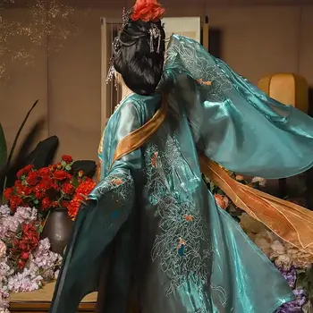 Kinijos Hanfu Suknelė Moterims Senovės Tradicinio Siuvinėjimo Hanfu Helovinas Pasakų Cosplay Kostiumų Aukso Mėlyna Hanfu Suknelė+Kailis
