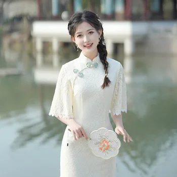 Kinų Stiliaus Tradicinių Trumpas Rankovės Qipao Moteris Elegantiškas Aukštos Padalinta Suknelė Moterų Bodycon Cheongsam