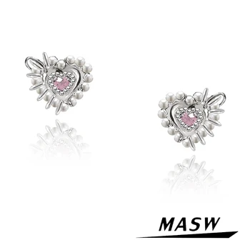 MASW Originalaus Dizaino Vyresnysis Prasme Kietas Stilius Aukštos Kokybės Vario Pearl Pink Saldus Širdies Stud Auskarai Moterims, Papuošalai, Dovana