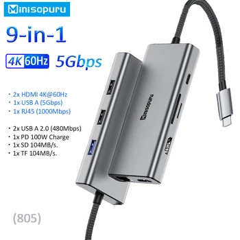 Minisopuru USB C HUB Dual HDMI 4K60Hz c Tipo USB 3.0 RJ45 PD 100W SD/TF Multiport Adapteris, skirtas 
