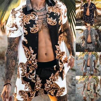 Naujas Mados Havajų Marškinėliai Nustatyti Mens Spausdinimo Rinkinys Trumpas Rankovės Vasaros Atsitiktinis Gėlių Marškinėliai Paplūdimys Dviejų dalių Vyrų Rinkiniai S-3XL