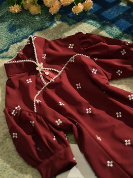Raudona Siuvinėjimo Cheongsam Moterų Pearl Trumpas Rankovės Mados Suknelė Plonas Elegantiškas Kinijos Tradicinės Qipao Suknelės, Vestuviniai Kostiumai