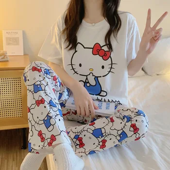 Sanrio Hello Kitty Minkštos Medvilnės Trumpomis Rankovėmis Motinystės Pižama Vasarą Po Gimdymo Krūtimi Tiktų Pavasarį, Vasarą Homewear Moteris
