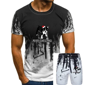 T-Shirt-Black Kalėdų Marškinėliai-Vyrų prancūzų Buldogas Dėvėti Kalėdų Skrybėlę Linksmai