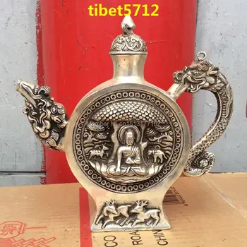 Tibeto klasikinio Bronzos padengtas sidabro Dragon budos statula butelis Puodas 24 cm aukščio Bronzos Apdaila Buda Gydymo Statula