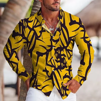Vintage Mados Marškinėliai Vyrams Atsitiktinis Menas Spausdinti Negabaritinių Mygtuką Long Sleeve Top Mens Drabužius Paplūdimio Dizaineris Ir Palaidinės Prabanga