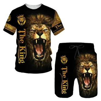Vyrai T-shirt Nustatyti 3D Aštri Tigrai Ir Liūtai 2 dalių Kostiumą Vasaros Atsitiktinis Žmogus Drabužių, O-Kaklo Oversizde Sportinę Tracksuit